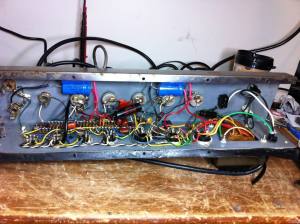 As per usual the Gibson schematic does not match the amp so you have to consult the Maestro M-216 RVT schematic for further knowledge. There are a few different versions of this amp. this one has a 6C4 reverb tube and 6EU7 preamp tubes. I forgot what pre tubes the other version has but I know it has a 7199 for reverb. In this case V3 plate voltage was 0 rather than the needed ~220V. The reverb tube was lit up because it was getting heater voltage but it was getting no high voltage at the anode to draw electronics with.