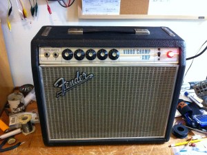 Fender Vibro Champ Amp from 1969. I’m sure true aficianados can chime in but I believe this style/era with the aluminum trim that goes around the grill cloth started in 1967 and ended sometime in 1969.
