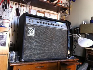 Tite times with the rarest Gemini, the G-20. You know it's old when it's a BLUE LINE version, rather than the 70's Ampegs which have the black screen printed front panel. Caps and transformers date this old Ampeg to 1968. It was running on GE power tubes and some Amperex 12AX7s. Not sure if these tubes are original but they are from the 70's at least! Some 12AX7s were noisy and were replaced. The power tubes were still running but very unevenly matched, so they were replaced as well. This amp has probably the best tremolo I've ever heard. Pair it with the reverb (which sounds nicer than the reverb on my V4) and it's a killer combo. Unlike the G-12 and G-15 which have one 12