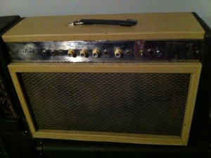 This Airline 62-9025A was manufactured by Valco in Chicago in the 60s. From my understanding it is the same circuit build as the Gretsch 6152 and the Supro 6422 amps which are single ended class A amps with tremolo and reverb. It has been living ruff n rugged.