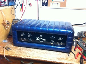 Kustom K100-1. As far as I know Kustom amps typically had a power output of 1/2 the model number of the amp. In this case a Kustom K100 has an output of about 50W. This one scoped out to 57W before clipping. Naugahyde vinyl covering is still in nice shape. This one had a broken input jack, dirty pots, and a bad SE4002 transistor in channel 2. This is the first transistor after the input jack so the channel basically didn't work at all. SE4002 is long out of production and was replaced with transistor equivalent NTE123. A handful of drifted resistors were replaced as well. 