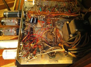 Close up of output section and power supply. Massive power transformer supplies current for almost 40 tubes.