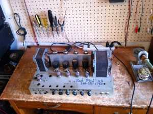 Sound City 120 in for repair. Main problem was a poor solder connection somewhere around the first or second preamp tube causing a crackling sound. This was somewhat hard to find because it only comes up when the amp is vibrating on top of a cab. I had to chop stick the hell out of it.