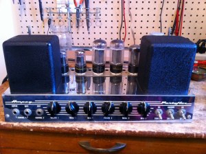 Tubes are old Sylvanias with the Ampeg logo screen printed on the base. This amp has an incredibly low noise floor, even with 50 year old caps. Perhaps because the power and output transformers are shielded, completely enclosed in a metal casing with no gaps. 