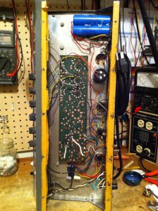 Pretty simple amp. Has two channels with volume, treble and bass, and some rocker switches to adjust the frequency response in the typical Ampeg fashion. This amp puts out about 50W from two 7027 output tubes, which in todays era are typically replaced with 6L6s since 7027s are not really in production anymore.