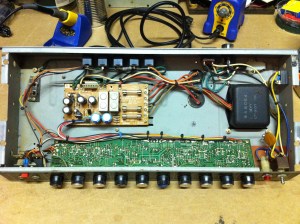 An old little Yamaha combo amp. I don't really know anything about this amp. I believe it is from the 80s. I think there are various versions of the Yamaha G100. This is a 1x12 combo but I have also seen heads that I believe are the same amp. Not too sure. Had a few issues of poor connections at a ribbon cable interconnect and at the input jack causing it to cut in and out, but mainly just needed a new speaker.