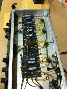Pretty standard chassis shot and this amp actually works great because it has been totally recapped sometime in the recent past with all Sprague electrolytics. All the coupling caps and the vast majority of resistors is original. It just had some nagging extraneous noise issues and a poor bias setting. Some of the jacks were corroded and and making poor connection. I replaced a few of the 100K plate load resistors in V1 and V2 and it took the sizzle out of the noise floor. Input jack #2 on the vibrato channel wasn't working and needed to be retensioned. Various tiny problems. I believe this is considered a 40W amp and per my measurements it was doing 47W at clipping into 4 ohms.