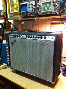 Nice silver face twin reverb that has the master volume. It is the 100W version not the one with the ultralinear output transformer that is 135W. The amp has master volume so the idea is you can get distortion out of it. The master volume works for both channels but the 2nd channel has more gain so you can try to get a more aggressive tone.