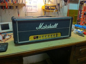 Marshall JMP. 100W version with 6550s and master volume. I think this is the most preferred rock amp that preceded the higher gain JCM800. It is really fun to play lead guitar on. This one is from 1979.