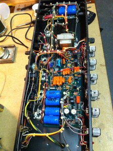 I like how the control and screen grid resistors for the power tubes are wired in right between the tube socket and a terminal strip, not PCB mounted.