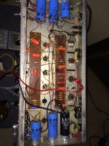 Some clever person along the way has totally gutted the preamp and built a very simple Fender-style one. It has one. Notice the preamp has four tube sockets and the middle two are empty, except for the heater winding. This amp uses a single 12AX7 preamp tube. The other 9-pin tube is the phase inverter, which feeds the signal the the four KT-88s in the output section.