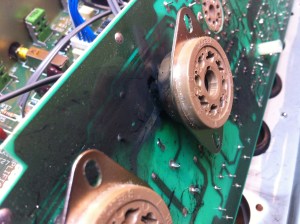 This one suffered a massive blowout due to being turned on with no speaker cab attached. After a minute or so the output transformer destroys itself and more. This tube socket is done. All burnt up.