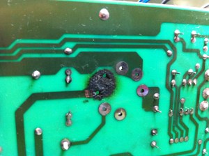 View of the same section of the board but from the other side. The total damage of this was the power tubes were destroyed, one tube socket was destroyed and the output transformer was shorted. Expensive repair unfortunately. Here is all the service info -- https://drive.google.com/folderview?id=0B01EXvY0__YYfkc2aEdUMUtXbjlZLVRzYkIwR2l5cGhrTUhvVktCZGJiRWJ1aUZ1Z3l2UjA&usp=sharing