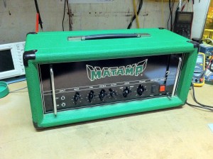 Hard to know much about these Matamps since there's no schematics available and there's also so much variation between builds. From what I could gather and test this amp is capable of about 120W max with four EL34s. It starts to break up around 75W. The bass and mid controls have a minimal effect. It was biased extremely cold and sounded really grainy and weak, but when put back in a normal region it could get really fuzzy and blown out sounding.