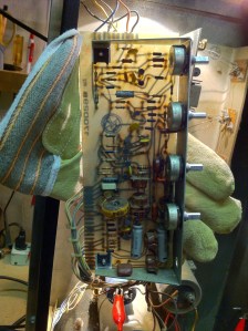 If you want to trace the circuit and find where things go wrong it's kind of hard because the solder traces are on one side of the PCB and the components are on the other. Very hard to see both at once and you can't flip the board over and over with the amp on while probing the circuit!!! You can prop up the PCB and shine a light behind it to make both visible, then it gets easier. Make sure your prop is good and sturdy so nothing shorts to the chassis! I was led to various cracked solder connections and a nicer sine was obtained