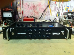 Verellan Meatsmoke preamp. From what I gathered this was some sort of kickstarter prototype and only 5 were made. This is #2. There was an error in either the build, or the printing of the PCB, so a 100K resistor needed to be removed, and another one added between two caps in the preamp.