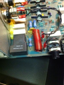 Main problem was the inductor at the output was physically damaged because of a drop, and then electronic damaged ensued from intermittent connections. The red wire wound inductor is in parallel with the 10 ohm/2W resistor. They are in series with the output. In the image you can see the resistor is blackened -- it is burnt open. The inductor was broken loose from the PCB but still making contact. After a little use it rattled loose making an intermittent connection at the output. When the connection went in and out it fried the 10 ohm resistor and also burnt the PCB traces underneath. It's important to scrape all the charred remains off the PCB because it is now carbonized plastic and therefore can be conductive. Full schematic and parts list and all that here -- https://drive.google.com/folderview?id=0B01EXvY0__YYeTZWZnRBang4T1k&usp=sharing