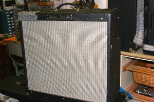 Fender Hot Rod Deville. This one had been through the shit. Power tubes were still functioning but were totally rattley. No doubt elements in the tube rattled loose from the vibration of the speakers. Lots of screws in the enclosure and screws holding the speakers were also loose, adding to the terrible rattley, distorted sound. Reverb tank didn't work and needed to to be replaced. 