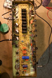 Music City Super Power Amplifier Treble and Bass. Whoo! Bet you will never see one of these again. Made for the Music City Music Store in the UK by Laney some time in the 70s. Supposedly very similar to the Laney Supergroup, but not an exact copy. This thing has been totally recapped, and even most of the coupling caps have been replaced with orange drops. That's too bad, because it probably had the old yellow mustard caps originally. Oh well, sounds great and works nice, who cares.