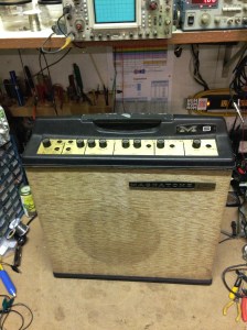 Magnatone M8 from back in the day. These were made in 1963 and 1964. Has two channels with reverb and vibrato. Vibrato is special because it uses a type of varistor that is no longer in production. You can mimic this type of vibrato design but it cannot truly be copied without the varistor of the era. It has a very unique sound. There is an excellent article on this by Tim Robbins that describes this vibrato circuit and why it is unique -- Magnatone Vibrato Design