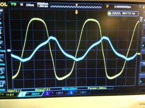 I was wrangling the line out which had been somehow manipulated (added?) at some point in the past. When you view it on a scope it looks pretty bad. The output of the amp is in yellow and the line out is in blue. As you can see it is very distorted from the original signal, and only about 200mV RMS.