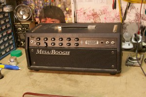 Mesa Boogie F-50. Seems like this is a little known amp. Has two 6L6GCs in the output section for 50W. Also comes in a four 6L6GCs F-100 version for 100W and a F-30 with two EL84s doing 30W.  I like how it's pretty stripped down and doesn't have a billion knobs and buttons and switches like a lot of other Mesas. Has a clean sound which people seem to claim is one of Mesa's best ever, and a gain channel with boost, so really only two channels. With the boost it gets pretty gainy, but doesn't quite reach into the gain territory of the rectifier series.  Had a string attached to the knob for what I would assume was a price tag. I should have removed it before taking the pic oh well.